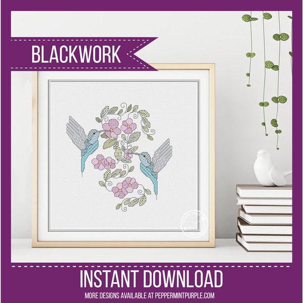 Hummingbirds Blackwork Pattern, BlackWorkHummingbirds , Coloured Blackwork Chart by Peppermint Purple