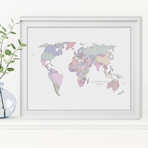 Weltkarte in Blackwork & Cross Stitch von Peppermint Purple