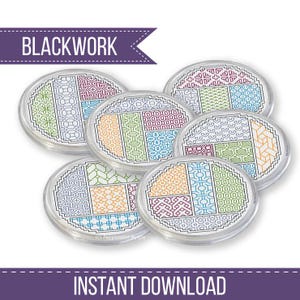 May include: A collection of five clear, circular coasters featuring intricate blackwork embroidery designs in various colors. The coasters display geometric patterns and the text "BLACKWORK" and "INSTANT DOWNLOAD".