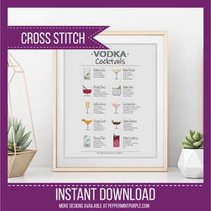 Vodka Cocktails Cross Stitch Chart Instant PDF - Vodka Cocktails - cross stitch Chart by Peppermint Purple