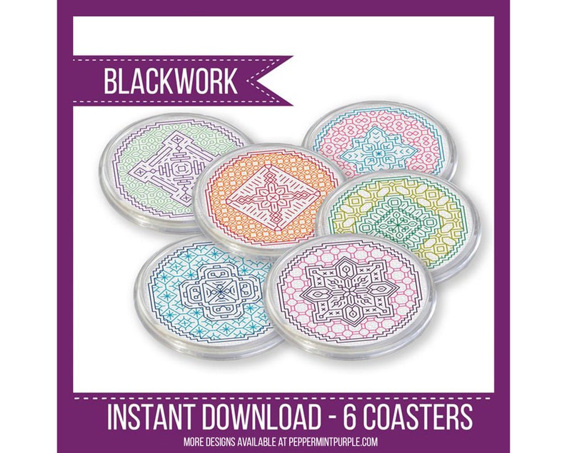 Mandala Blackwork Coasters, Blackwork Pattern, Mandala Blackwork Coasters, Coloured Blackwork Chartby Peppermint Purple image 1