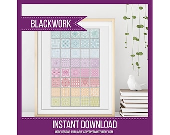 Rainbow Blackwork Pattern, BlackWork Rainbow Squares , Coloured Blackwork Chart, Cross Stitch chart  by Peppermint Purple