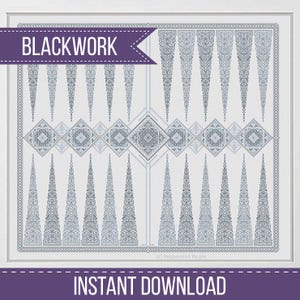 May include: A framed blackwork embroidery pattern with a geometric design in shades of gray and white. The design features repeating triangular and diamond shapes. The words "BLACKWORK" and "INSTANT DOWNLOAD" are displayed on the image.