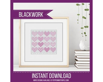 Mini Hearts Blackwork Pattern, Modern Blackwork Chart by Peppermint Purple