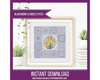 Blackwork Dutch Tiles & Daffodils Pattern, Black Work Chart, Blackwork chart  by Peppermint Purple