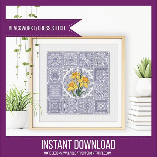 Blackwork Dutch Tiles & Daffodils Pattern, Black Work Chart, Blackwork chart  by Peppermint Purple