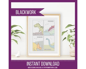 Blackwork Dinosaur, BlackWork Embroidery, Coloured Blackwork Chart, Cross Stitch chart  by Peppermint Purple