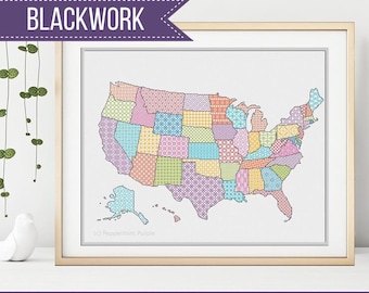 Mapa de EE. UU. en Blackwork de Peppermint Purple