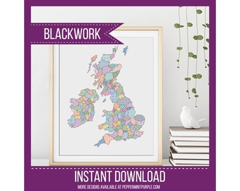 UK and  Eire Counties Blackwork Map by Peppermint Purple