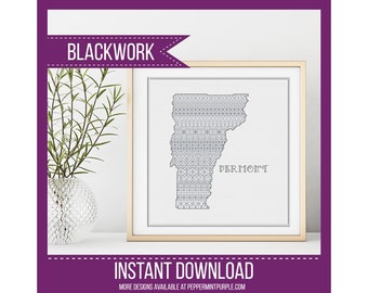 Vermont Blackwork Pattern, Vermont Blackwork Chart by Peppermint Purple