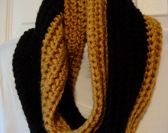 READY TO SHIP - Boston Bruins Scarf - Handmade Crochet Black and Gold Infinity Scarf