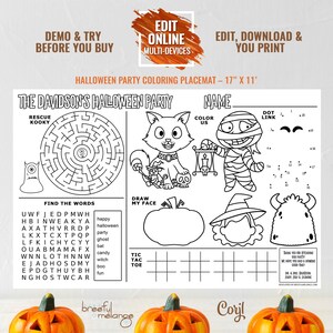 Halloween Party Coloring Placemat #1, Edit Yourself, Printable Party Favor Game, Instant Download Printable 11x17, Corjl