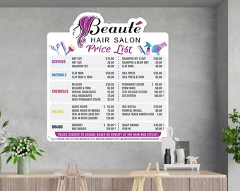 Salon Beauty Shop Price List Sign, Die Cut Large Format Sign, Barber Shop, Coffee Shop, Restaurant, Bakery, Event Planner, School Chart