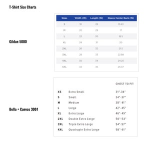 May include: T-shirt size chart for Gildan 5000 and Bella + Canvas 3001 brands. The chart shows sizes, width, length, sleeve center back measurements in inches, and chest to fit measurements in inches.