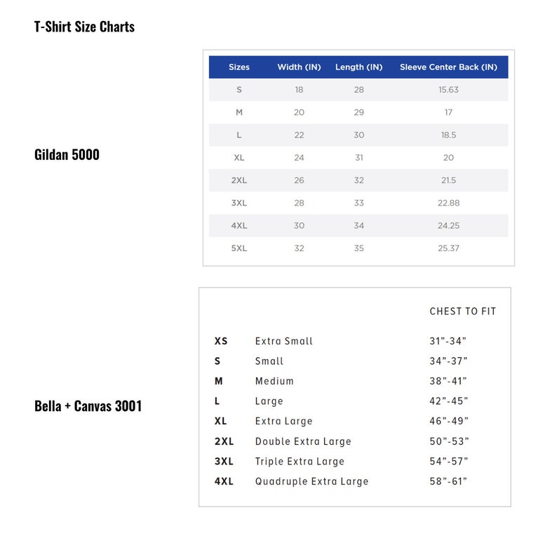 May include: T-shirt size chart for Gildan 5000 and Bella + Canvas 3001 brands. The chart shows sizes, width, length, sleeve center back measurements in inches, and chest to fit measurements in inches.