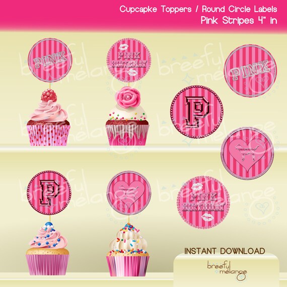 Printable Cupcake Topper Pink Stripes 4 In Circle Victoria Secret Pink Inspired Birthday Bridal Baby Shower Sweet 16 Pink Party