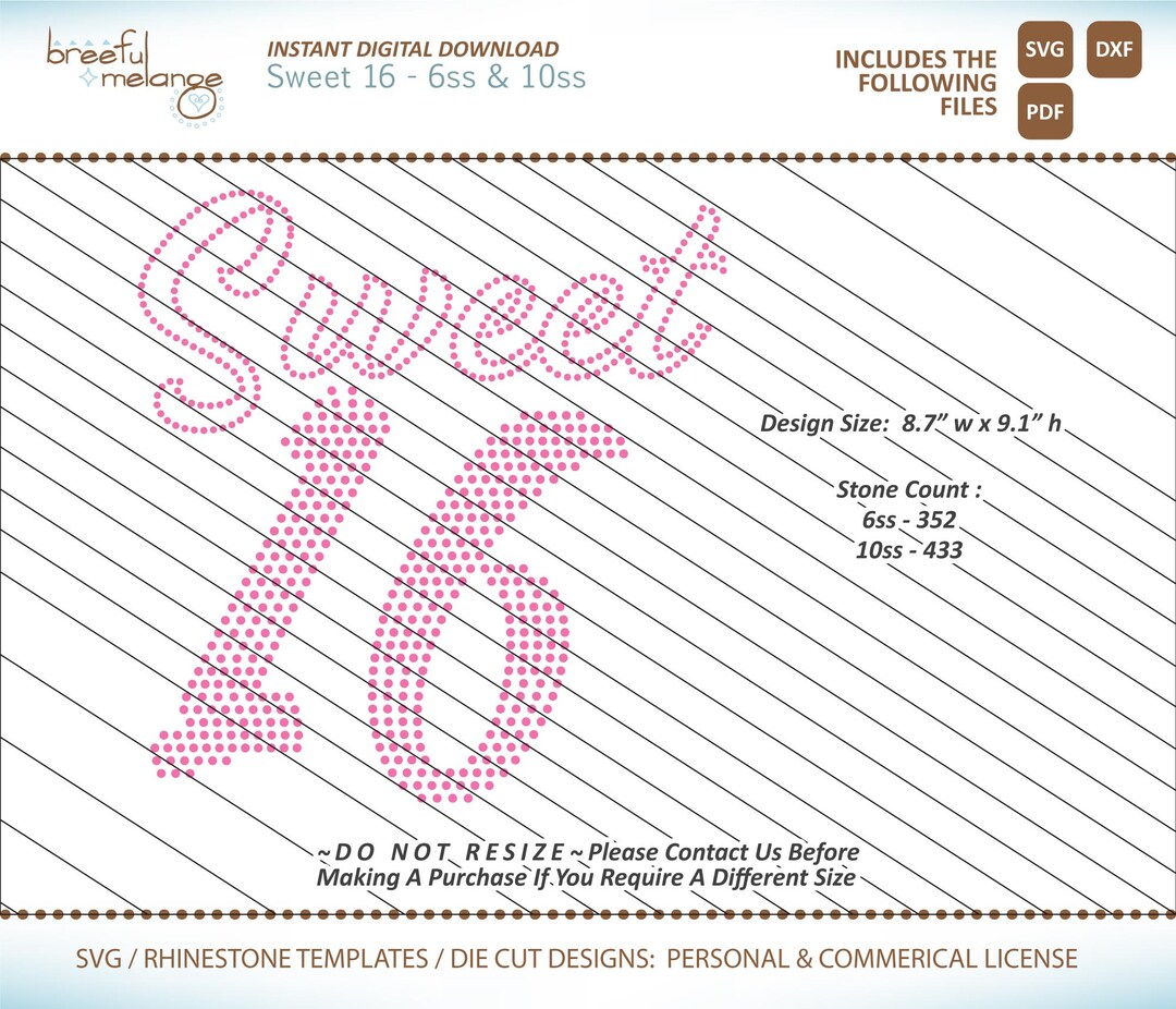 Sweet 16 Ss6 and Ss10 Stones Rhinestone Template, Instant Download SVG ...