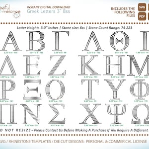 May include: Digital download of Greek letters, each 7.6 cm tall, made of small black dots. The image includes the alphabet, stone size, and file types. The text reads "Greek Letters 3" 8ss".