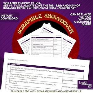 May include: A printable music trivia game with a red, white, and blue theme. The game is called "Scramble Showdown" and is set #4: "I Will Always Love The 90s - R&B and Hip Hop". The game includes 50 hints with mixed letters and an answer key. The game can be played with or without a scramble board.