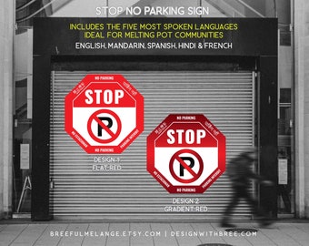 Stop No Parking Sign with 5 Languages, No Parking Garage Sign, 4MM Coroplast, Lawn Sign Gate Sign, Melting Pot Signage, Contour Die-Cut Sign