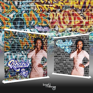 May include: Two backdrop designs featuring a brick wall with graffiti and the name "Raelah 24" in neon blue letters. One backdrop is in color with a person standing in front of it, the other is in black and white.
