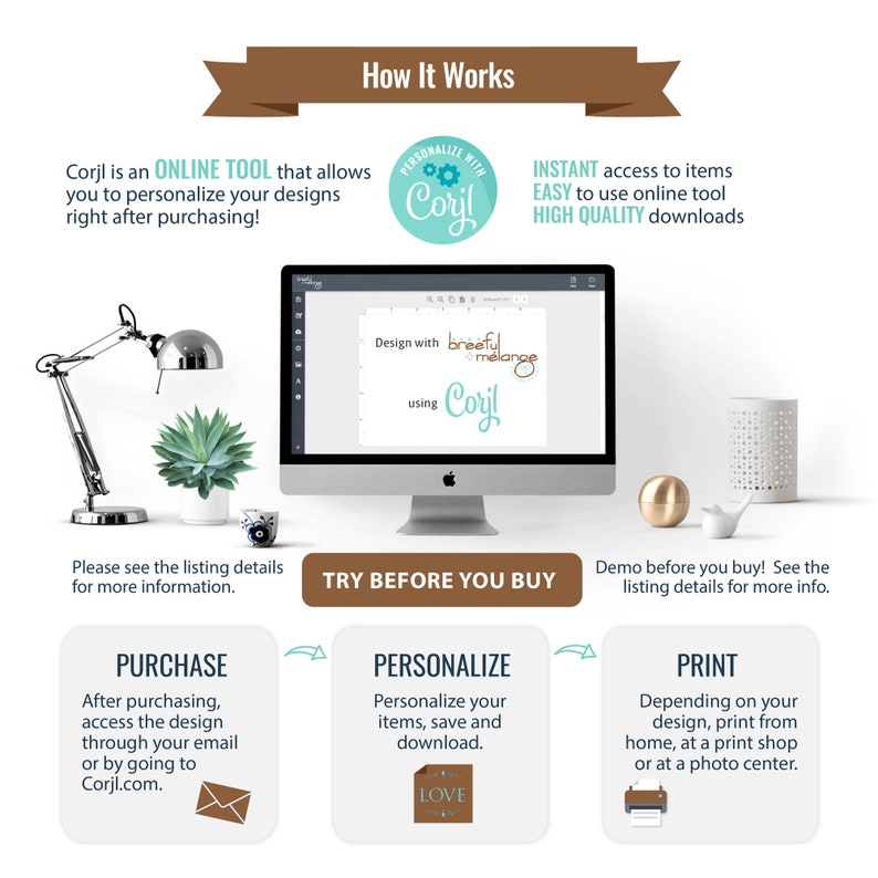 May include: A graphic showing how to use Corjl, an online tool for personalizing designs. The graphic shows a computer screen with a design that says "Design with Corjl" and "breeful m&eacute;lange". The graphic also shows three steps: Purchase, Personalize, and Print.