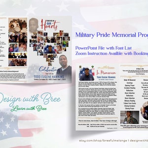 Könnte beinhalten: Eine Vorlage für ein Militär-Gedenkprogramm im PowerPoint-Dateiformat. Das Programm enthält eine Fotocollage eines Mannes in Herzform, ein Foto des Mannes in Militäruniform und Text, der lautet: "Forever in Our Hearts", "Celebrating the Life of Todd Eugene Hawkins", "In Memoriam Todd Eugene Hawkins", "A Man's Life", "Because I Love You So", "Order of Memorial", "Greetings", "Opening Prayer", "Scripture Reading", "Reflections", "Music Selection", "Obituary Reading", "Tribute from Family", "Closing Scripture", "Closing Prayer", "Your life was a blessing, and your memory a treasure, you are loved beyond measure", "etsy.com/shop/breefulmelange I designwithbree.com".