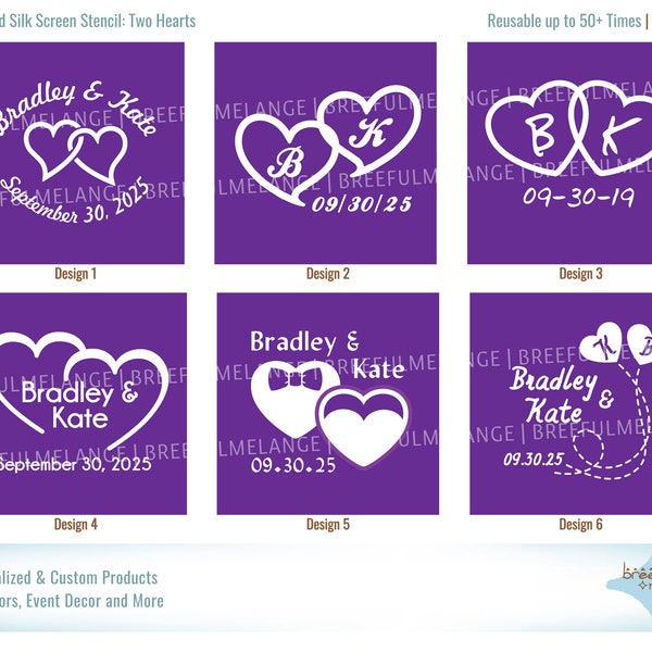 Two Hearts = One Love Silk Screen Stencil, Reusable Personalized Stencil for Wine Glasses, Mason Jars, Video-PDF Tutorials