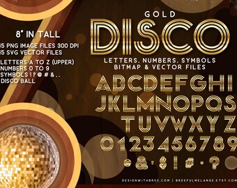 Disco Gold Alphabet, 8" In Tall, Letters Numbers Symbols, PNG SVG, 70s Party, 80s Party, Instant Download