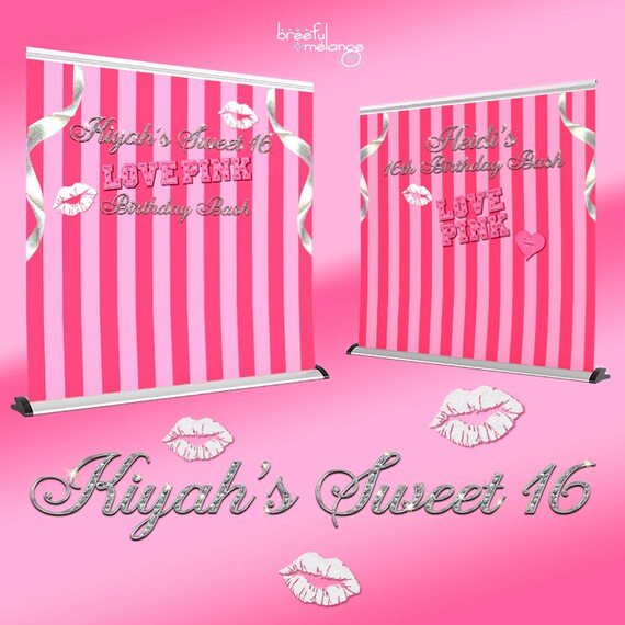 Love Pink Kisses Pink Stripes Backdrop Banner Victoria Secret Pink Inspired Pink Striped Printed Banner