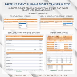 May include: A spreadsheet template for event planning budgets in Excel. The spreadsheet includes sections for primary expenses, detailed budget summary, and a budget summary page. The template is designed to help event planners track their expenses and stay within budget.