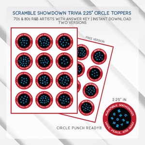 Scramble Showdown Trivia 2.25" In Circles Cutout Set 1, Disco 70s Party, Soul Train Party Theme, Answer Key, PDF File. Print Punch Done