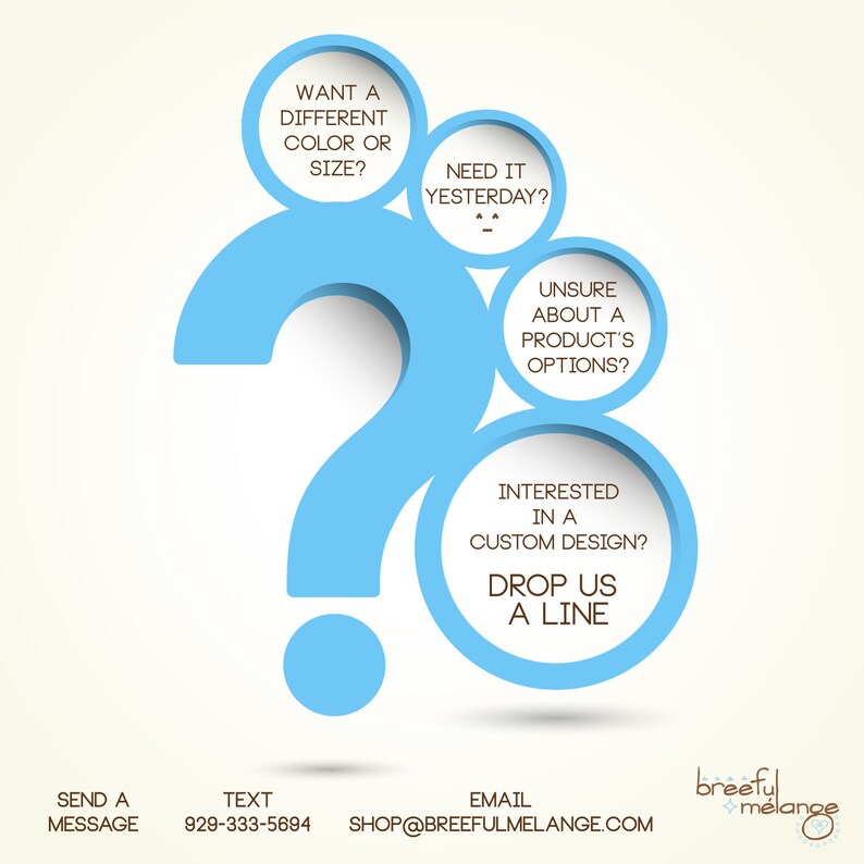 May include: Blue question mark graphic with text bubbles around it. The text bubbles say "Want a different color or size?", "Need it yesterday?", "Unsure about a product's options?", and "Interested in a custom design? Drop us a line".