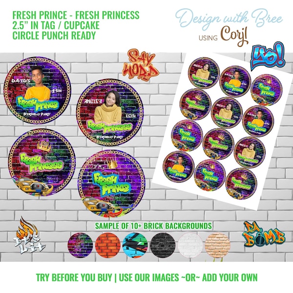 Fresh Prince Fresh Princess 2.5" Topper Tag, Graffiti Hip Hop Party, House Party, Pick from 10+ Backgrounds and 30+ Graffiti Clipart, Corjl