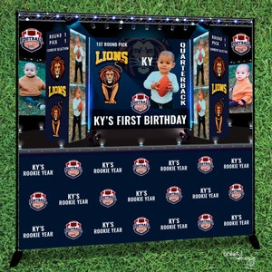 May include: A blue and yellow football-themed backdrop with a photo of a baby boy holding a football. The backdrop has the text "KY's First Birthday" and "Quarterback" on it. The backdrop is decorated with footballs, lions, and the text "Football Draft 2021".