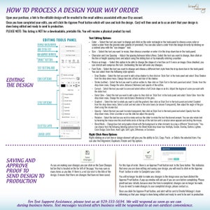 May include: A colorful infographic with instructions on how to process a design your way order. The infographic includes a list of editing tools, text editing options, and instructions on saving and approving the design. The text includes the phrase "Design Your Way Order".