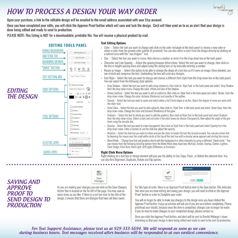May include: A colorful infographic with instructions on how to process a design your way order. The infographic includes a list of editing tools, text editing options, and instructions on saving and approving the design. The text includes the phrase "Design Your Way Order".