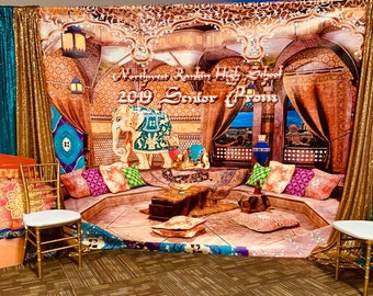 Arabian Nights Bling Backdrop with City Photo and Custom Arabian Rug, Moroccan Aladdin Theme, Customize for Your Special Event, Prom, Gala