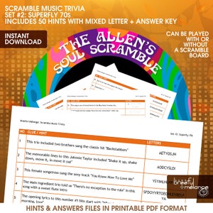 Superfly 70s Scramble Music Trivia Set 2, Hints with Mixed Letters and Answer Key, Soul Train Party Theme, Game Night, 3 PDFs Files