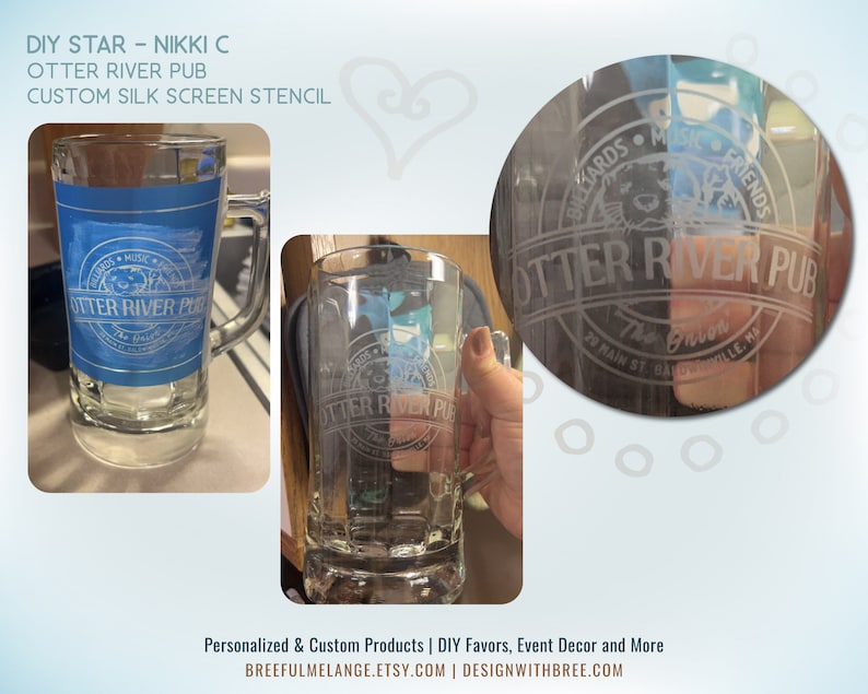 May include: A clear glass beer stein with a custom etched design. The design features the text "Otter River Pub" and a logo with a cartoon otter. The stein is shown next to a blue and white version of the same design.