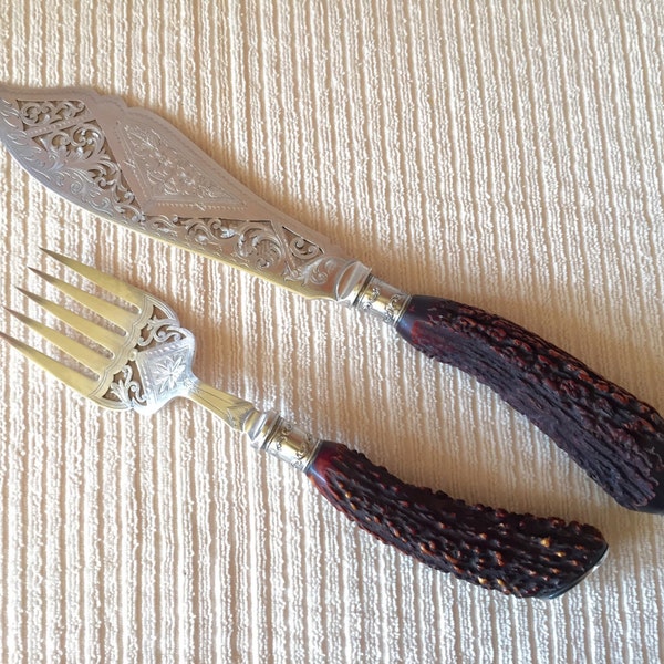 Antler Serving Set - Antique Landers Frary & Clark Filagree Sterling Silver and Antler Fish Serving Set England