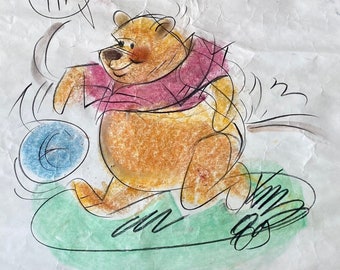 Disney Art by King Saul - Original Charcoal & Pastel Cartoon Portrait Drawing of Winnie the Pooh by "King" Saul Former Walt Disney Artist