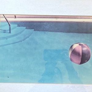 Allan Teger Beach Ball In Pool - Vintage Hand Colored Photograph by Massachusetts Photographer Allan Teger