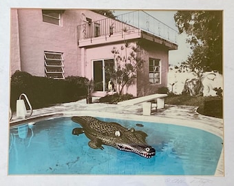 Allan Teger Gator in Pool - Vintage Hand Colored Photograph by Massachusetts Photographer Allan Teger