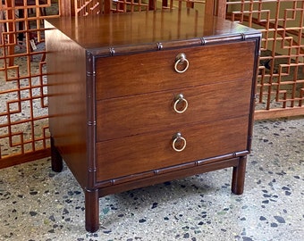 Vintage Henredon Nightstand - Three Drawer Hollywood Regency Faux Bamboo Commode by Henredon Fine Furniture