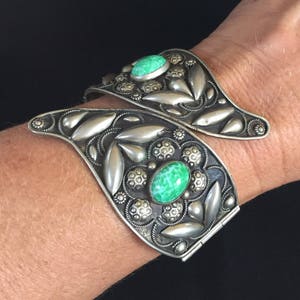 Turquoise Silver Cuff - Vintage 1960s Italian Florentine Cuff Bracelet in Silvertone with Turquoise Color Stones A.S. Florence, Italy