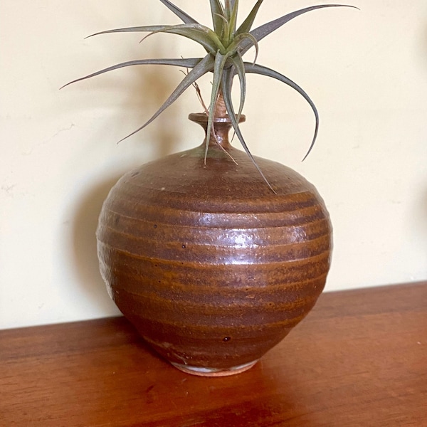 Stoneware Weed Pot - Vintage Stoneware Weedpot Brown over Green Glaze with Stamped Makers Mark