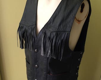 Leather Bikers Vest - Vintage Leather Hippy Bikers Vest with Fringe