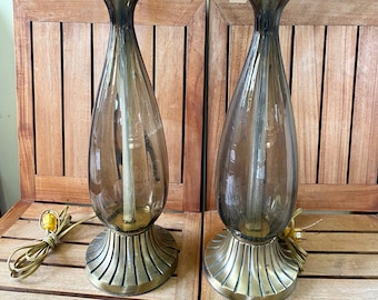 Midcentury Murano Style Smoked Glass Lamps Pair