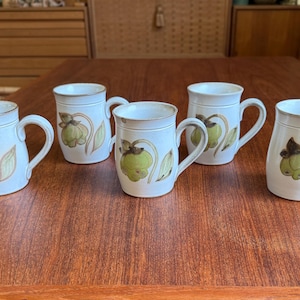Denby Langley Troubadour - Denby England Set of SIX Coffee Mugs 4-1/4&quot;H   Stoneware Green Flower Rose Center Brown Stems 1971 - 1984
